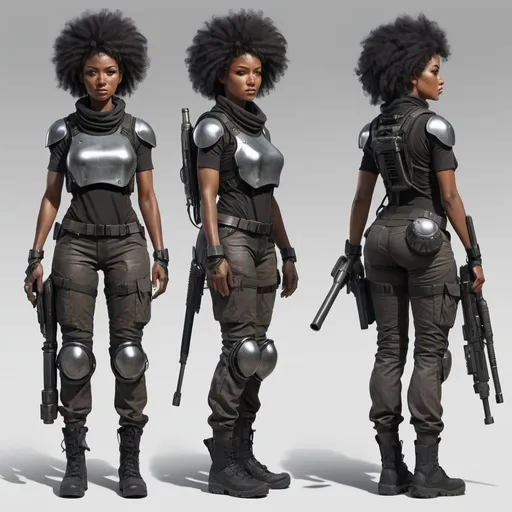 Prompt: detailed turnaround hyper realistic Character design sheet, futuristic, post apocalyptic, fantasy, full tactical gear, afro, black female, chrome, a prosthetic machinery arm, very modest clothing, quarter staff weapon