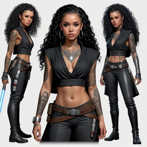 Prompt: hyper realistic character design sheet lightskin black female jedi in star wars universe, long curly black hair, face tattoos, body tattoos, silver accents, beautiful, revealing top, shorts, boots, cape, lightsaber