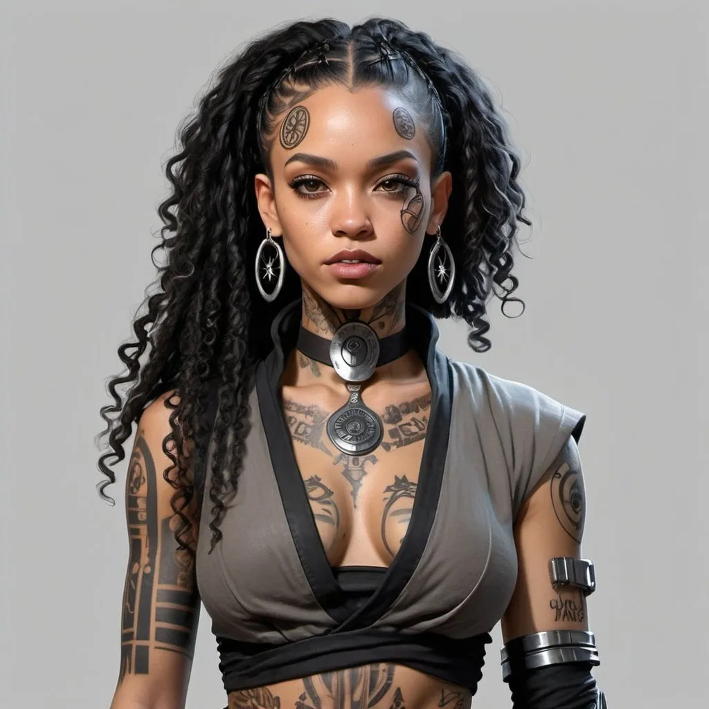 Prompt: hyper realistic character design sheet lightskin black female jedi in star wars universe, long curly black hair, face tattoos, body tattoos, silver accents, cyberpunk 