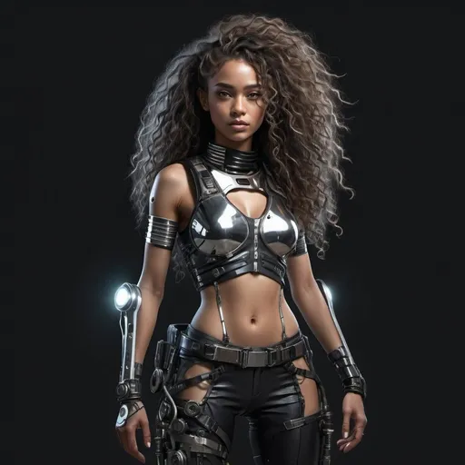 Prompt: hyper realistic Character design sheet, woman, futuristic, post apocalyptic, fantasy clothes, long curly hair, electronic glowing outfit, clothes shining in dark, lightskin black female, chrome, prosthetic machinery arm, slightly modest