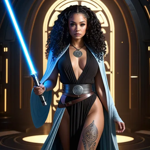 Prompt: HD 4k 3D, 8k, hyper realistic, professional modeling, ethereal galactic jedi princess, beautiful, lightskin black female, glowing skin, very long curly black hair, mythical clothing and jewelry, jedi robe, lightsaber, full body, face tattoo, full body tattoo, Fantasy background, surrounded by ambient divine glow, detailed, elegant, surreal dramatic lighting, majestic, goddesslike aura, star wars universe, full body