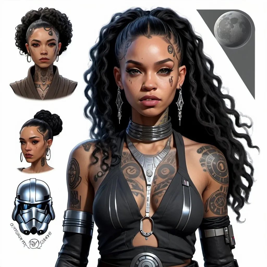 Prompt: hyper realistic character design sheet lightskin black female jedi in star wars universe, long curly black hair, face tattoos, body tattoos, silver accents, cyberpunk 