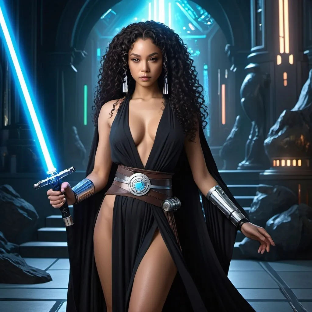 Prompt: Anime cyberpunk style, highly detailed, HD, dark background, 4k 3D 8k professional modeling photo hyper realistic beautiful woman enchanted,  full body surrounded by ambient glow, magical, highly detailed, intricate, outdoor landscape, high fantasy background, elegant, mythical, surreal lighting, majestic, goddesslike aura, Annie Leibovitz style, jedi, star wars, lightsaber, lightskin black woman, long black curly hair, jedi robes, young 23 year old woman, ethereal lighting