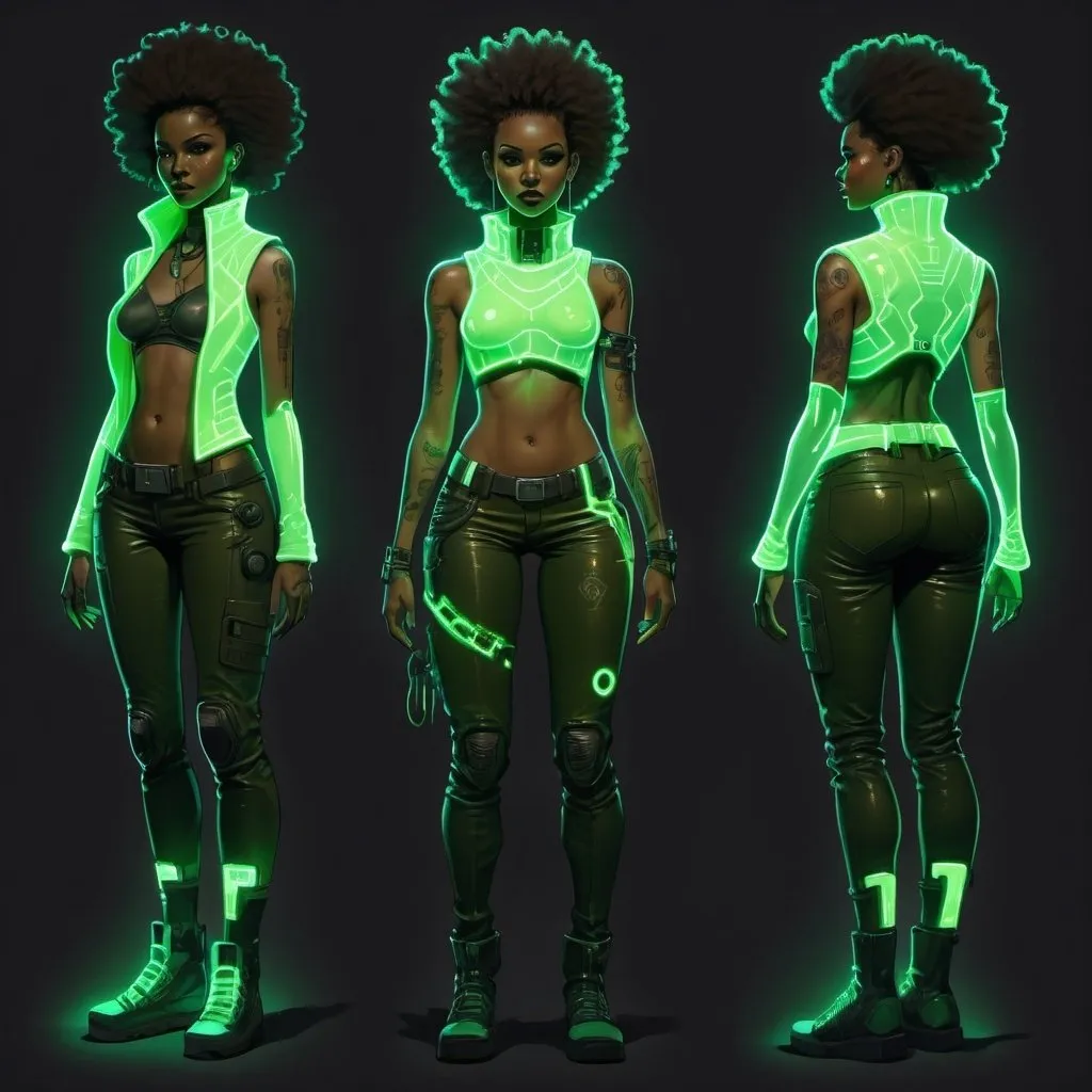 Prompt: Character design sheet woman, cyberpunk, futuristic, post apocalyptic, fantasy clothes, afro, green electronic glowing outfit, clothes shining in dark, glow in the dark tattoos