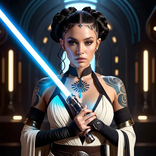 Prompt: HD 4k 3D, 8k, hyper realistic, professional modeling, ethereal galactic jedi princess, beautiful, glowing beige skin, long curly black hair, mythical clothing and jewelry, lightsaber, full body, face tattoo, body tattoo, Fantasy setting, surrounded by ambient divine glow, detailed, elegant, surreal dramatic lighting, majestic, goddesslike aura, octane render, star wars universe