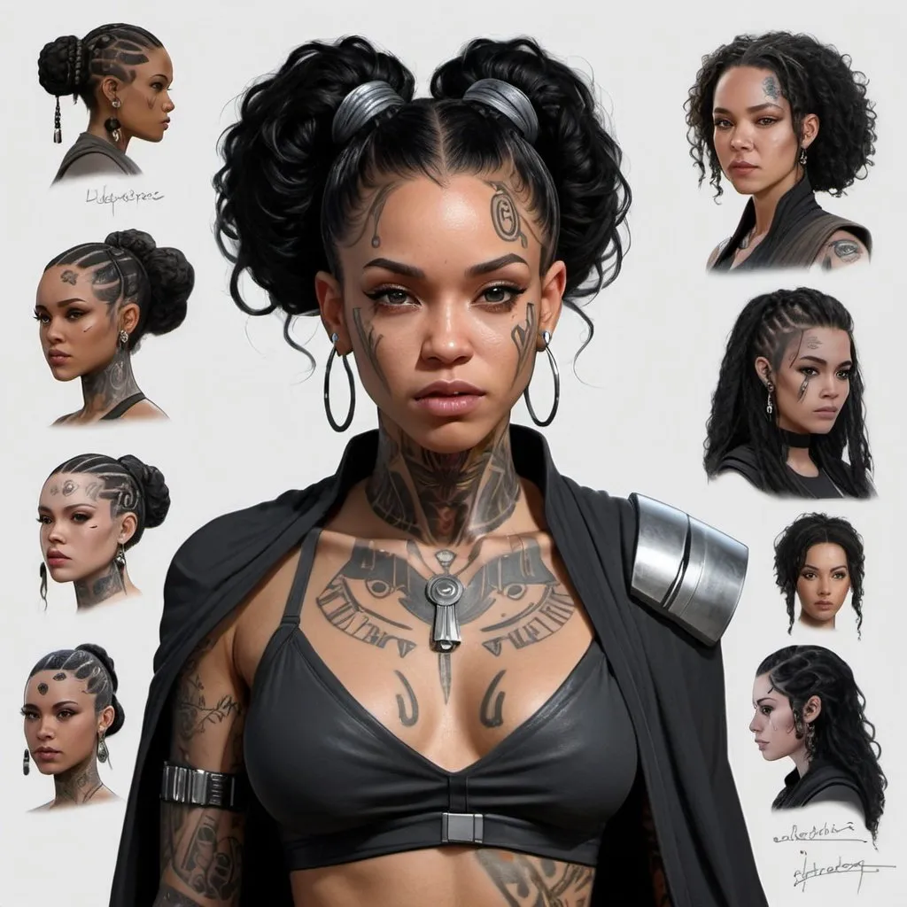 Prompt: hyper realistic character design sheet lightskin black female jedi in star wars universe, long curly black hair, face tattoos, body tattoos, silver accents, cyberpunk 