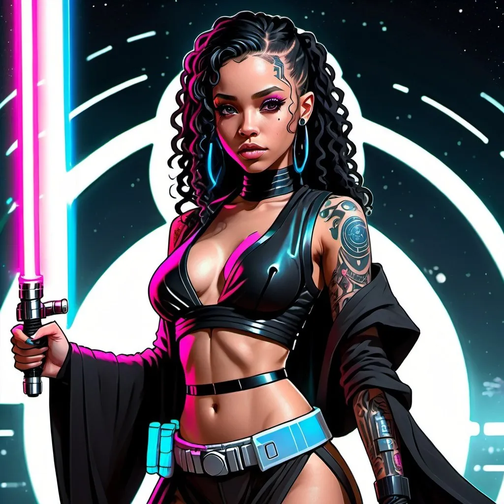 Prompt: Anime cyberpunk style, lightskin black female jedi in star wars universe, long curly black hair, tattoos, lightsaber, highly detailed, HD, star wars background, full body outfit, pink lightsaber