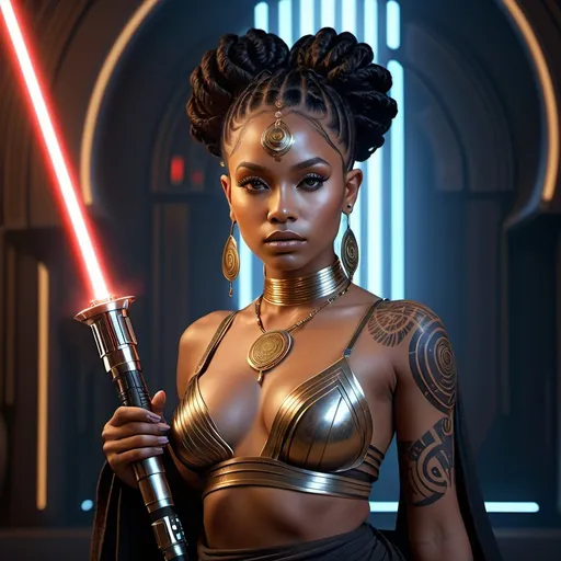 Prompt: HD 4k 3D, 8k, hyper realistic, professional modeling, ethereal galactic jedi princess, beautiful, african, black girl, glowing beige skin, long curly black hair, mythical clothing and jewelry, lightsaber, full body, face tattoo, body tattoo, Fantasy setting, surrounded by ambient divine glow, detailed, elegant, surreal dramatic lighting, majestic, goddesslike aura, octane render, star wars universe