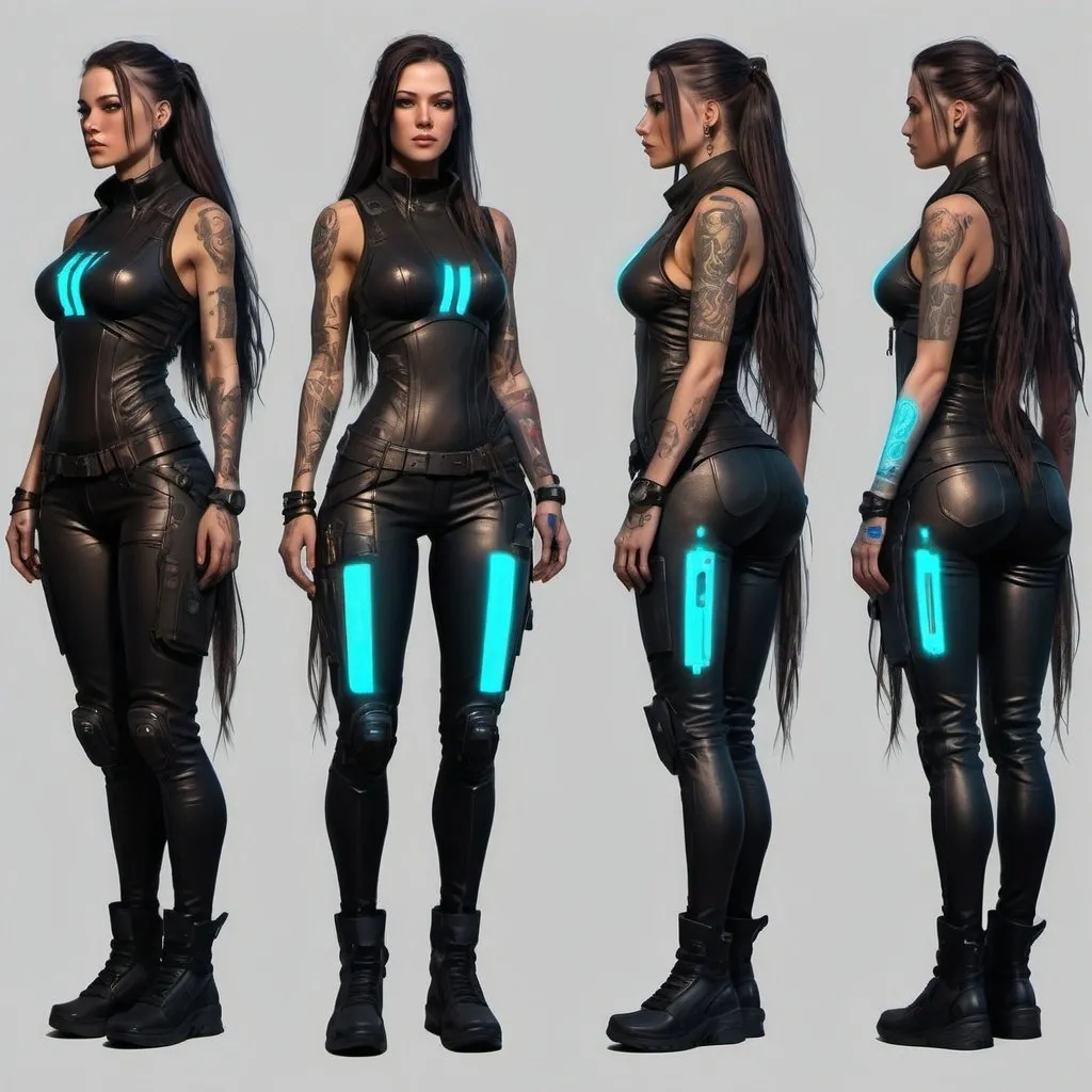 Prompt: detailed hyper realistic Character design sheet woman, cyberpunk, futuristic, post apocalyptic, fantasy clothes, long hair, electronic glowing outfit, clothes shining in dark, glow in the dark tattoos