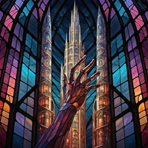 Prompt: Long tower resembling hands, surreal digital art, towering structure, intricate details, high quality, surrealism, futuristic, cool tones, dramatic lighting, digital rendering, ultra-high resolution, surreal, towering hands, futuristic, detailed, professional, cool tones, dramatic lighting