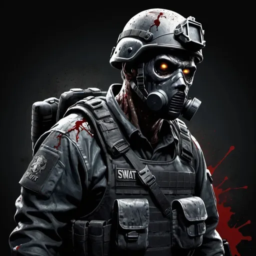 Prompt: Full body, realistic illustration of a SWAT zombie,((coverd face)), wearing a helmet, hyper-realistic, horror, intense shadows, grim atmosphere, blood spatter, detailed textures, gritty realism, 