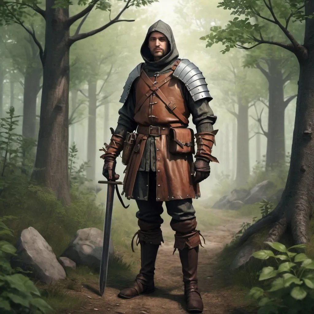 Prompt: Medieval trapper, leather armor, forest environment, misc-gothic, 