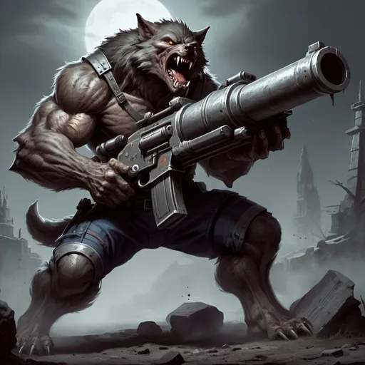Prompt: Monstrous, werewolf, soldier, massive cannon rifle