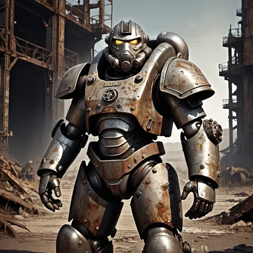 Prompt: Realistic digital painting of a Brotherhood of Steel member in bulky power armor, gritty post-apocalyptic setting, intricate details on armor, weathered and worn texture, rusty and metallic tones, intense and focused gaze, dramatic lighting with harsh shadows, desolate wasteland background, high-quality, ultra-detailed, realistic, post-apocalyptic, power armor, Brotherhood of Steel, gritty, weathered texture, dramatic lighting, desolate wasteland