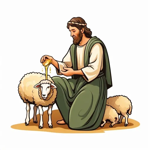 Prompt: Stylized cartoon logo of the prophet Samuel anointing David, a shepherd boy, by pouring oil on his head while David kneels facing him. Include sheep around them. Vector illustration on a white backdrop.