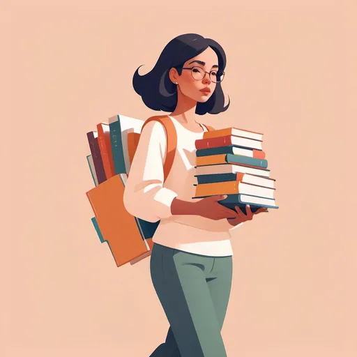 Prompt: a woman is carrying a pile of books on her shoulder, in the style of minimalist illustrator, flat perspective, warm color palette, subversive appropriation, pastel academia, high-angle, sketchfab --v 5.2