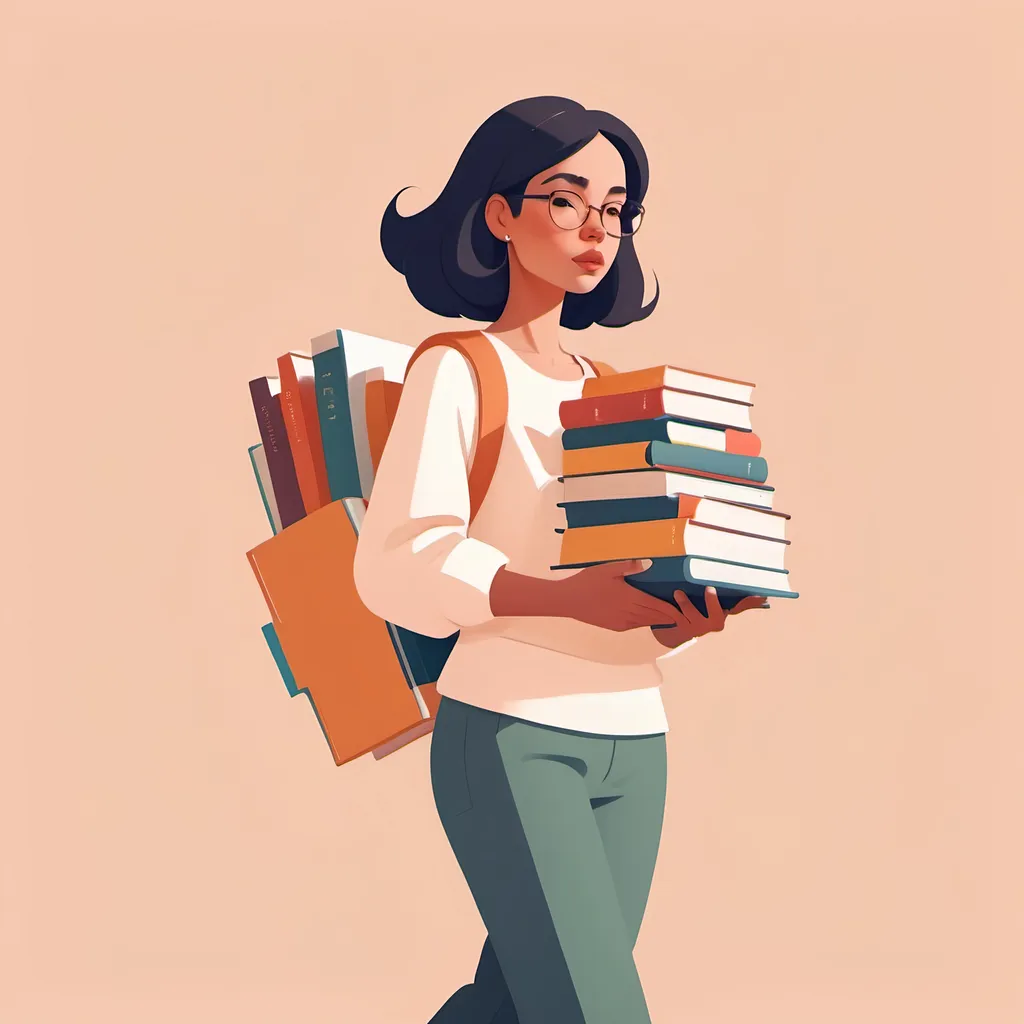 Prompt: a woman is carrying a pile of books on her shoulder, in the style of minimalist illustrator, flat perspective, warm color palette, subversive appropriation, pastel academia, high-angle, sketchfab --v 5.2