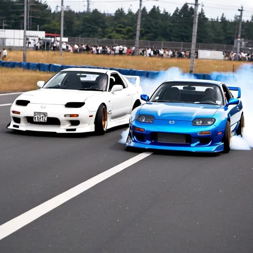 Prompt: Mazda rx7 tandem drifting with a Nissan 240sx with a rocket bunny body kit in Japan