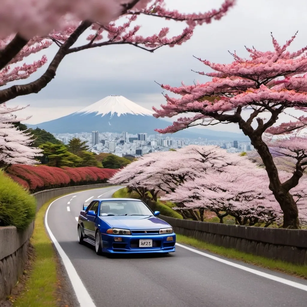 Prompt: R32 skyline drifting down winding road in Japan with Japanese flower trees