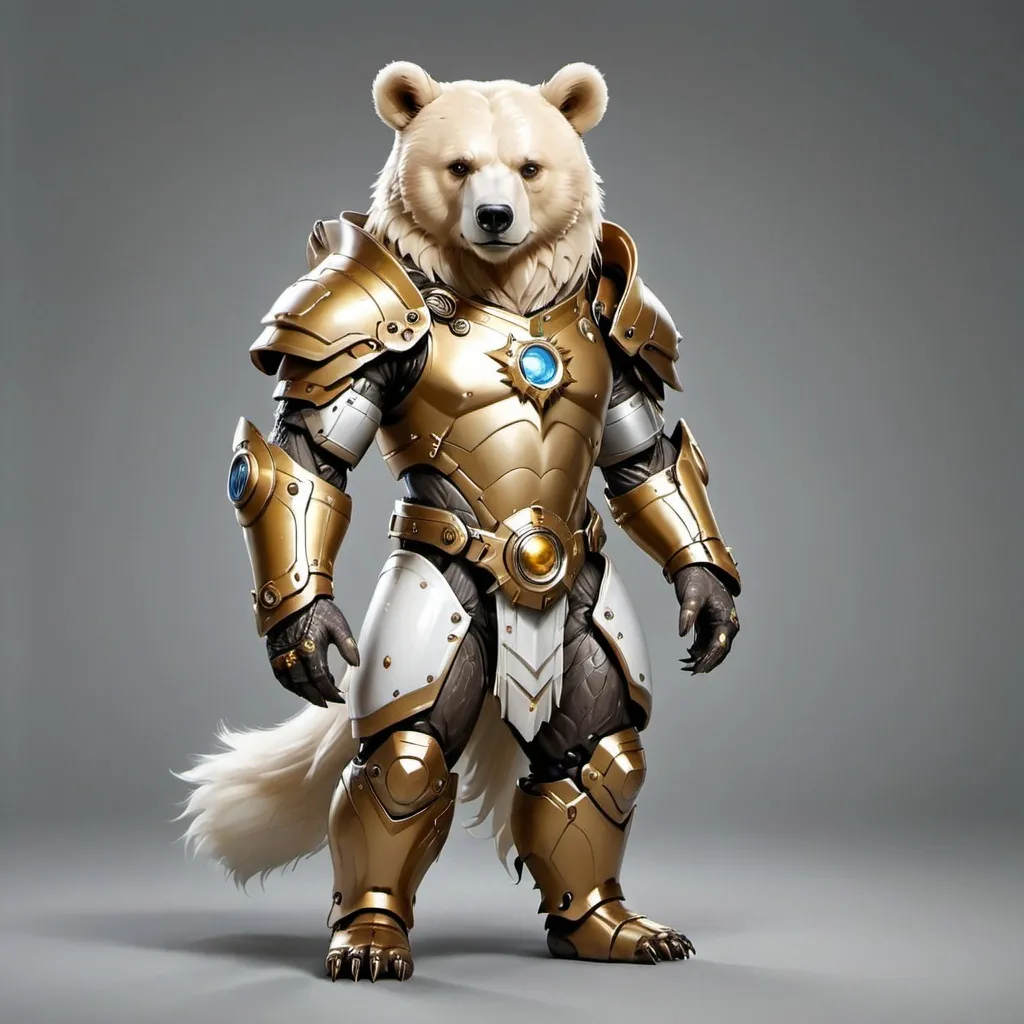 Prompt: A young Anthromorphic Bear, He is as young as a 15 year old Human teenager and looks as such. He has a  Build similar to a Human Teenager and is about Five feet tall. He is also skinny .He wears high tech armor that is very sleek with an emblem that resembles a K , it is white and gold in appearance
He has long Hair akin to a young teenager. It is Brownish-gold (the same color as his fur). He has Heterochromia as such his eyes are two different colors  his left is a faint silver ,his right is a bright gold . He has a kind and friendly demeanor and always wears a bright and gentle smile and lastly he has a prosthetic left arm.