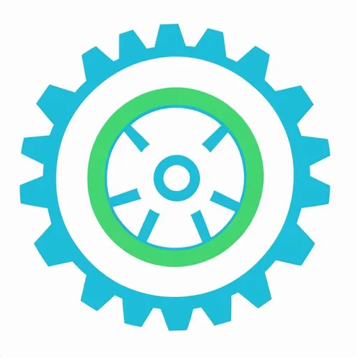 Prompt: svg image of cogwheel. The inside of the wheel is white color rounded by bright lite green color cicle. Out side of it, cog wheel is there, and its color is bright lite blue.