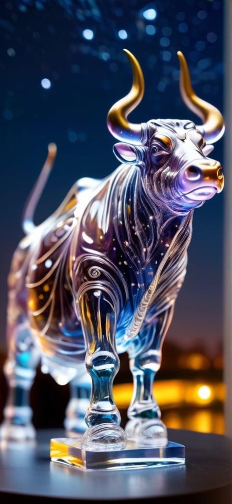 Prompt: A detailed and vibrant transparent glass sculpture of a bull with water, intricate details, surreal, starry night background