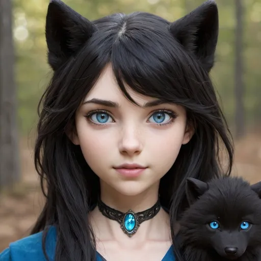 Prompt: Hybrid half human half wolf girl, blackish-brown hair, blue eyes, long black tail
