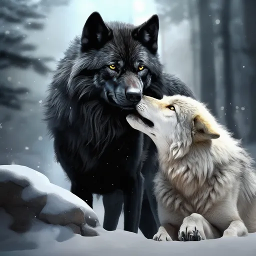 Prompt: Black wolf and light colored wolf, wolf love, high quality