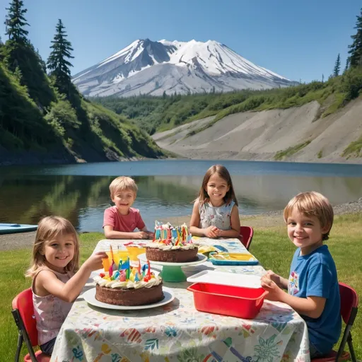 Prompt: children's birthday on grass at a table with a birthday cake smooth lake in back with children in canoes and Mount St Helens in the background