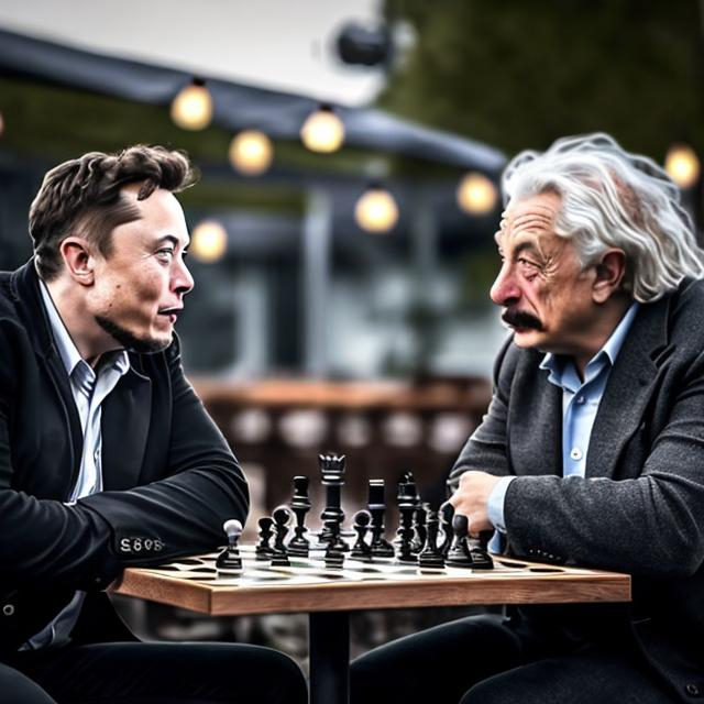 Prompt: generate realistic image of elon musk playing chess with albert einstein in the outdoor coffeeshop, cloud evening, (masterpiece), best quality, expressive eyes,perfect face, cinematic, ultra HD, sharp focus, hyper realistic, very detail, serene