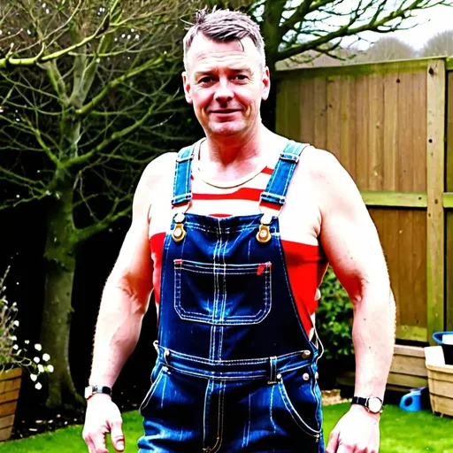 Prompt: simon cowel oiled up wearing dungarees