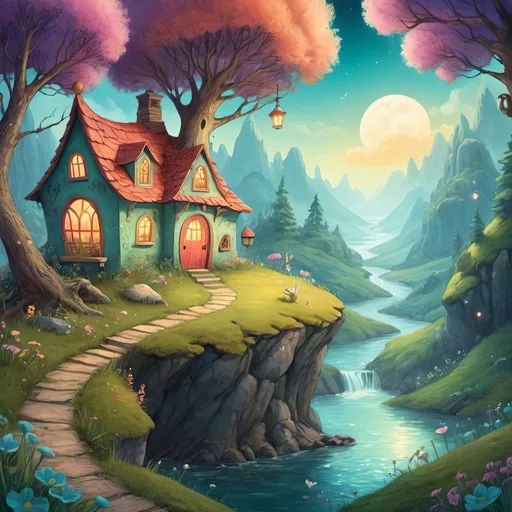 Prompt: Whimsical children's book illustration, fantastical landscapes, magical characters, high quality, detailed, fantasy, vibrant colors, imaginative, dreamy, whimsical style, enchanting lighting