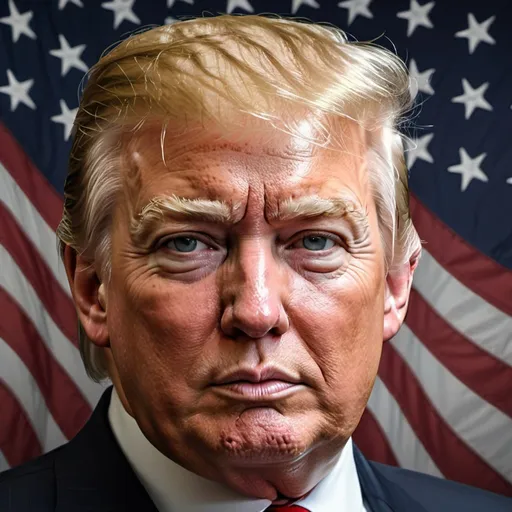 Prompt: Realistic digital portrait of Donald Trump, high quality, detailed facial features, professional artwork, realistic style, natural skin tones, presidential setting, suit and tie, American flag backdrop, confident expression, subtle lighting, realistic, digital portrait, professional, natural skin tones, presidential setting, confident expression, detailed facial features, subtle lighting, American flag backdrop, high quality
