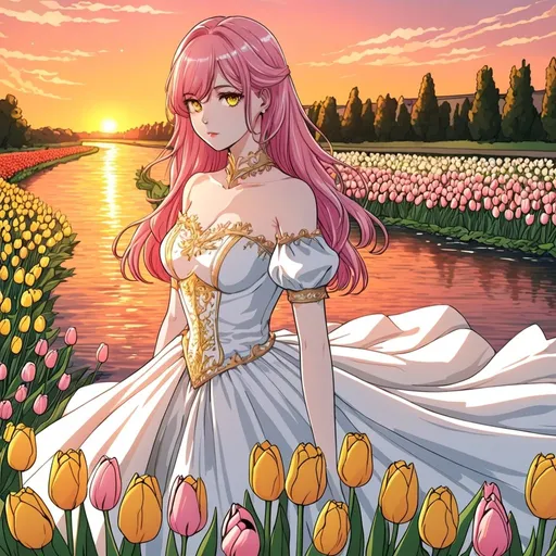 Prompt: Manhwa art style , beautiful girl, pink hair and yellow eyes, white royal dress,  tulip , river , sunset , very detailed