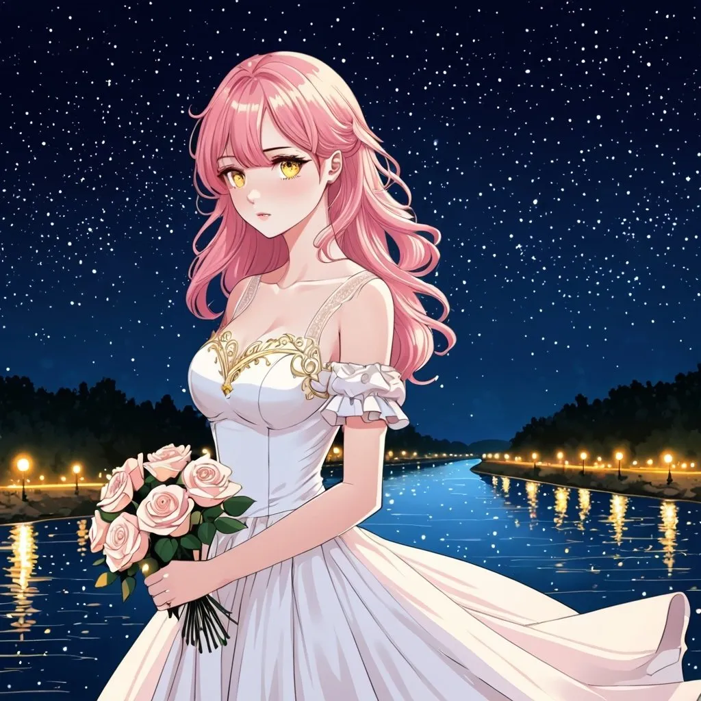 Prompt: Manhwa art style , beautiful girl, pink hair and yellow eyes, white royal dress, Rose , river , night sky, star light, very detailed