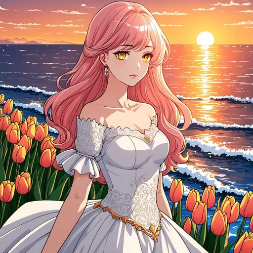 Prompt: Manhwa art style , beautiful girl, pink hair and yellow eyes, white royal dress,  tulip , sea , sunset , sunshine , very detailed