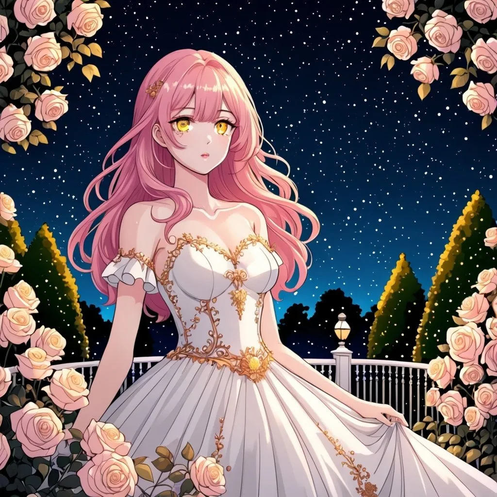 Prompt: Manhwa art style , beautiful girl, pink hair and yellow eyes, white royal dress, Rose garden, night sky, star light, very detailed