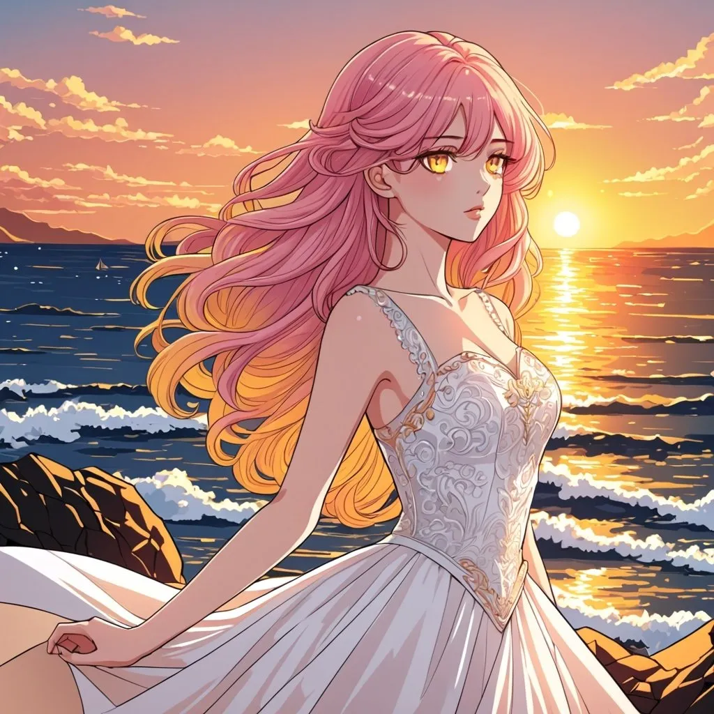 Prompt: Manhwa art style , beautiful girl, pink hair and yellow eyes, white royal dress,   sea , sunset , sunshine , very detailed