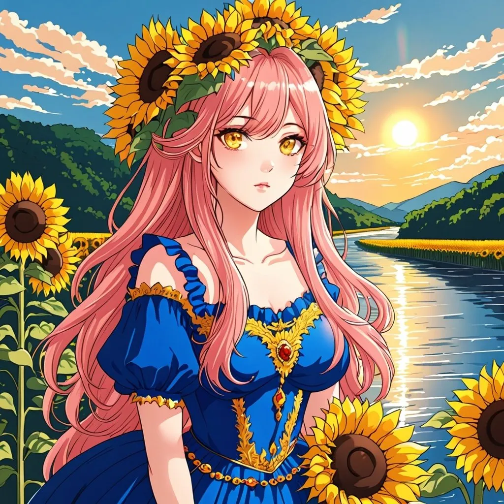 Prompt: Manhwa art style , beautiful girl, pink hair and yellow eyes, blue royal dress,  sunflowers , river , blue sky, sun light, cloudy , very detailed