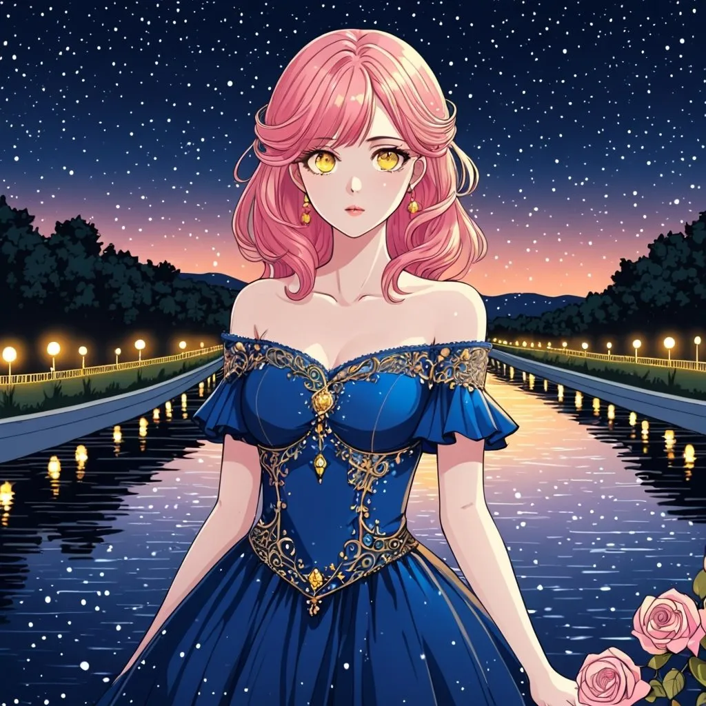 Prompt: Manhwa art style , beautiful girl, pink hair and yellow eyes, blue royal dress,  Rose , river , night sky, star light, very detailed