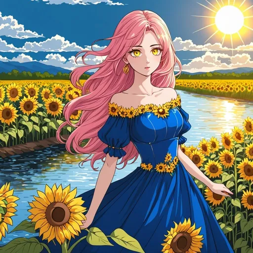 Prompt: Manhwa art style , beautiful girl, pink hair and yellow eyes, blue royal dress,  sunflowers , river , blue sky, sun light, cloudy , very detailed