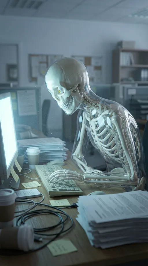 Prompt: Place the skeleton character sitting at a cluttered office desk, staring at a glowing computer screen with slouched posture and tired body language. The skeleton must stay consistent in 3D style with the selected reference. Use cool indoor office lighting with screen glow illuminating the skull, and shoot from a slight side angle at desk height. Add subtle dust particles in the air and soft background blur of cubicles. Rendered in clean cinematic 3D, highly detailed.