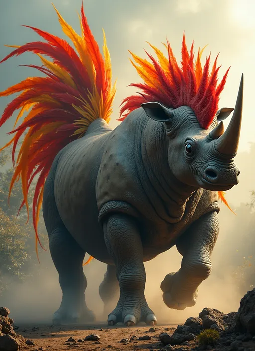 Prompt: A colossal creature with the massive, muscular body of a rhinoceros, covered in thick, armored gray skin, combined with the vibrant, colorful feathers and fierce head of a rooster (ayam jantan). The creature has a powerful horn on its snout, with sharp, menacing eyes like a rooster’s, and a comb atop its head. Its strong, muscular legs and hooves are like those of a rhino, but it has wings with bright, fiery feathers that give it a strange, majestic appearance. The tail combines a rhino's tough hide and the rooster’s sharp, fluttering feathers. (The creature stands in a rugged jungle or savanna), with sunlight shining on its bright feathers, creating a striking contrast between its vibrant rooster features and its intimidating rhino body. The scene is dramatic, full of tension, as this hybrid beast roars with the power of both the mighty rhino and the defiant rooster.