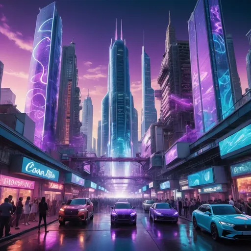 Prompt: An immersive and surreal cityscape of ChorusWave, with towering skyscrapers made of glass and metal, illuminated by neon lights in various shades of blue and purple. The streets are bustling with futuristic vehicles and people in high-tech attire. In the center stands a grand concert hall, pulsating with light and sound waves that seem to ripple through the air. The entire scene has an energetic and vibrant atmosphere, capturing the essence of a city alive with music and innovation. Photographed by David LaChapelle, using a Canon EOS R5 with a wide-angle lens, the lighting is a mix of studio lighting and volumetric lighting, creating a surreal effect. --v 5 --q 2  