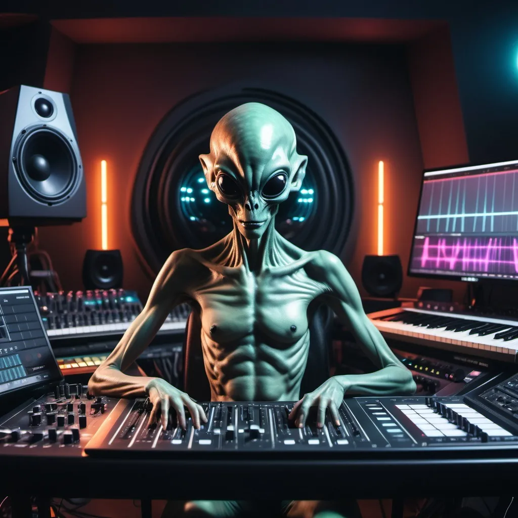 Prompt: Create a cinematic photoshoot of an extraterrestrial alien studio for composing music with all futuristic alienish musical instruments with synthysizers alienish studio monitors, midi controllers dj console and all studio equipment and musical sound producing equipment cinematic realistic hrs 8k photoshoot 