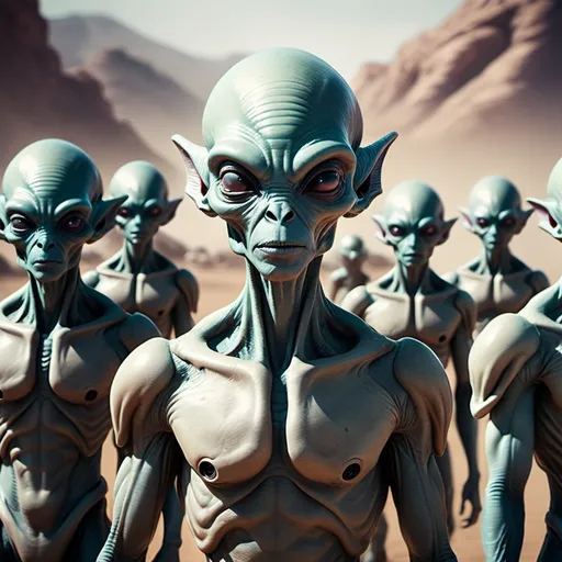 Prompt: Create a cinematic photoshoot of an extraterrestrial alien races of a different kingsome standing with their soldiers in front of each races wanting to conquer a planet  