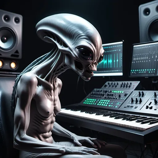 Prompt: Create a cinematic photoshoot of an extraterrestrial alien studio for composing music with all futuristic alienish musical instruments with synthysizers alienish studio monitors, midi controllers dj console and all studio equipment and musical sound producing equipment cinematic realistic hrs 8k photoshoot 