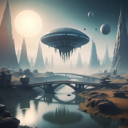 Prompt: An alien planet with extraterrestrial civilization a small settlement, foggy, bridge and river, floting flying crafts and spaceship motherships dramatic fantasy settlement scene, cinematic lighting