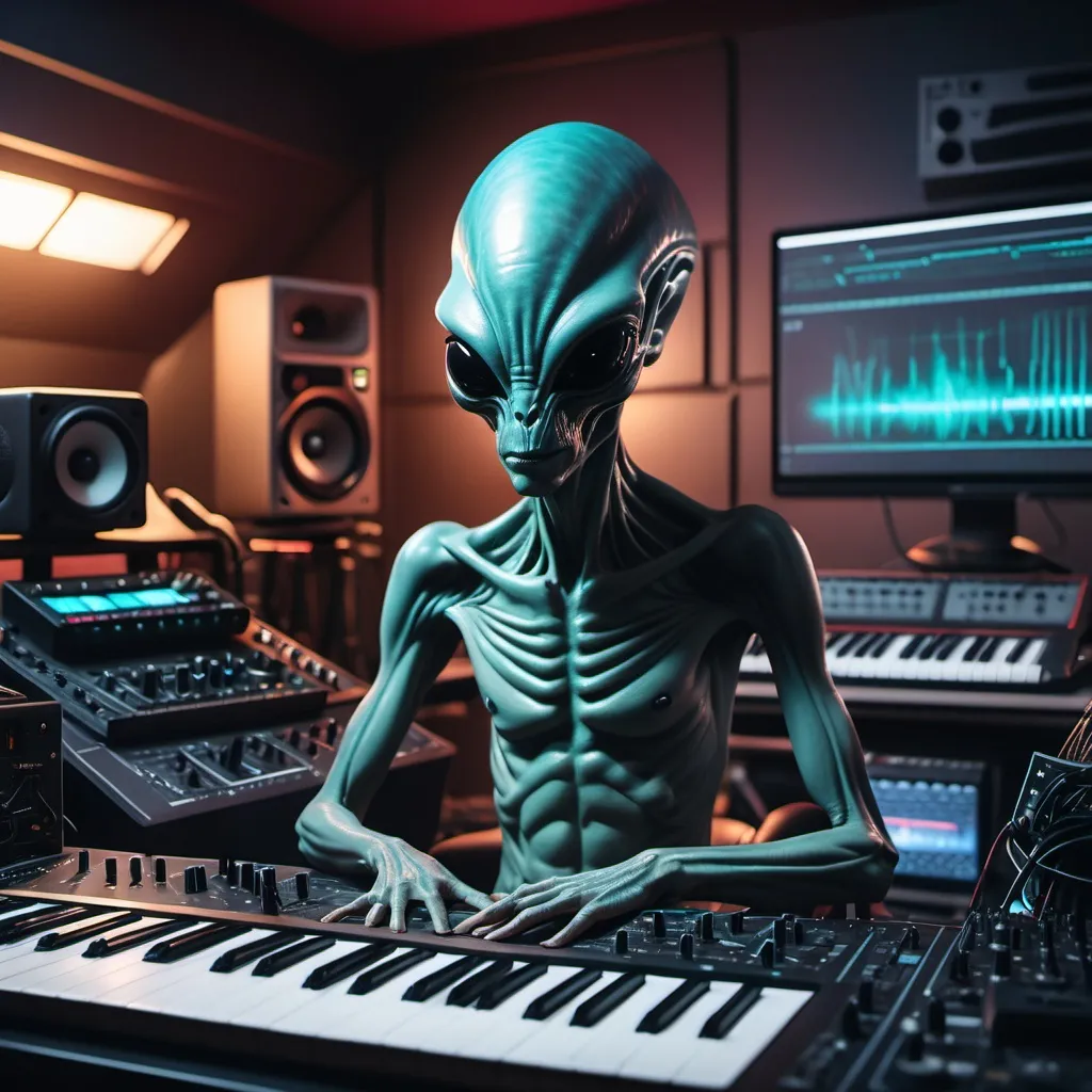 Prompt: Create a cinematic photoshoot of an extraterrestrial alien studio for composing music with all futuristic alienish musical instruments with synthysizers alienish studio monitors, midi controllers dj console and all studio equipment and musical sound producing equipment cinematic realistic hrs 8k photoshoot 