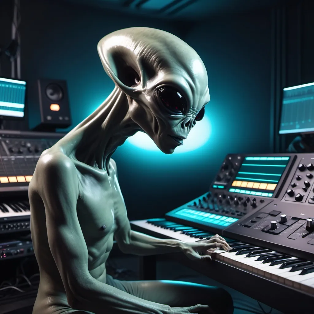 Prompt: Create a cinematic photoshoot of an extraterrestrial alien studio for composing music with all futuristic alienish musical instruments with synthysizers alienish studio monitors, midi controllers dj console and all studio equipment and musical sound producing equipment cinematic realistic hrs 8k photoshoot 